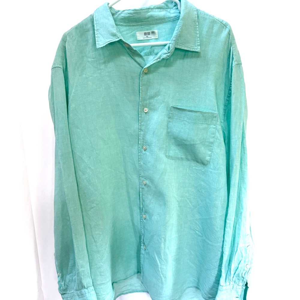 Men's 100% Linen Aqua Blue Long Sleeve Button Up Shirt